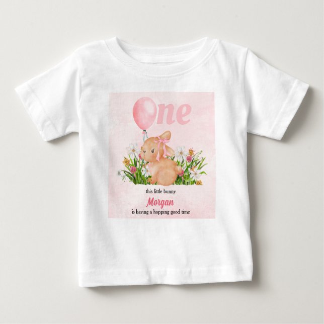 Cute Bunny Turns One Pink Girls 1st Birthday  Baby T-Shirt (Front)