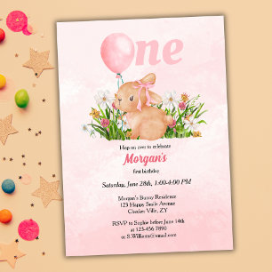 Cute Bunny Turns One Pink Girls 1st Birthday  Invitation