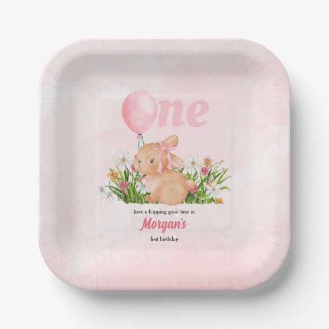 Cute Bunny Turns One Pink Girls 1st Birthday  Paper Plate (Front)