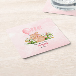 Cute Bunny Turns One Pink Girls 1st Birthday  Square Paper Coaster