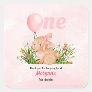 Cute Bunny Turns One Pink Girls 1st Birthday  Square Sticker