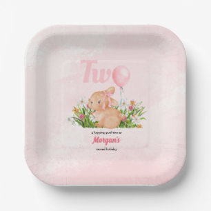 Cute Bunny Turns Two Pink Girls 2nd Birthday  Paper Plate