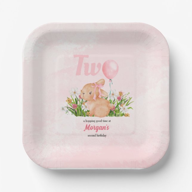 Cute Bunny Turns Two Pink Girls 2nd Birthday  Paper Plate (Front)