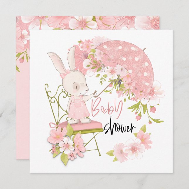Cute Bunny Umbrella Florals Girl Baby Shower Invitation (Front/Back)