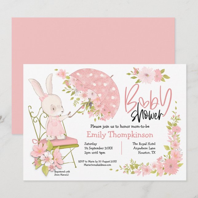 Cute Bunny Umbrella Flowers Girl Baby Shower Invitation (Front/Back)