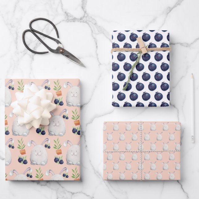 Cute Bunny Watercolor Art Pattern Wrapping Paper Sheet (Front)