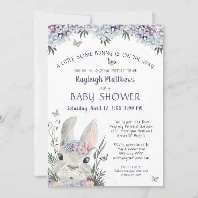 Cute Bunny Watercolor Floral Purple Baby Shower Invitation (Front)