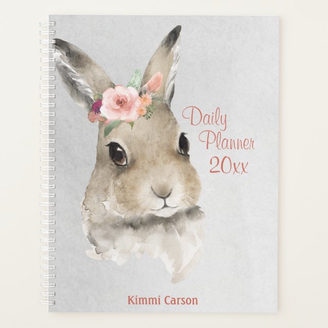 Cute Bunny Watercolor Floral Script Name Planner (Front)
