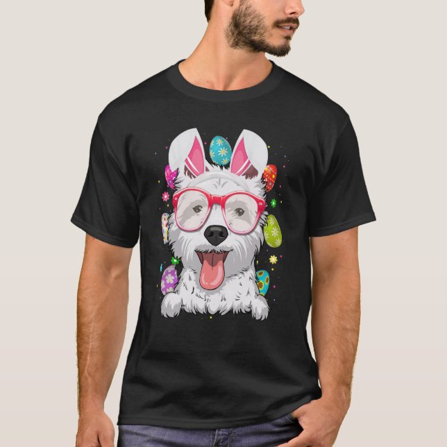 Cute Bunny Westie Dog Face Easter Eggs Easter Day T-Shirt (Front)