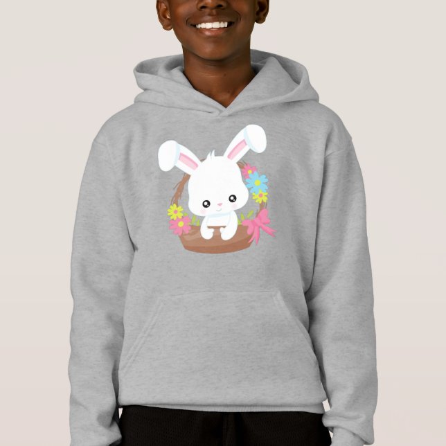 Cute Bunny, White Bunny, Rabbit, Basket, Flowers (Front)