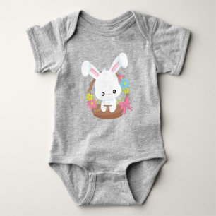 Cute Bunny, White Bunny, Rabbit, Basket, Flowers Baby Bodysuit