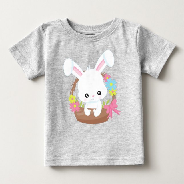 Cute Bunny, White Bunny, Rabbit, Basket, Flowers Baby T-Shirt (Front)