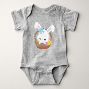 Cute Bunny, White Bunny, Rabbit, Flowers, Basket Baby Bodysuit