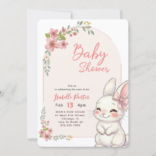 Cute Bunny Wildflower Pink Bow Baby Shower Invitation