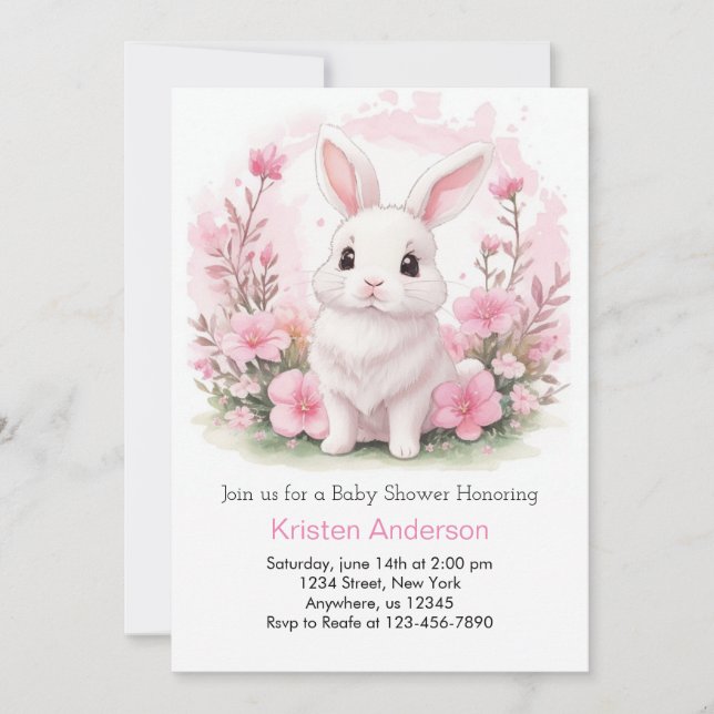 Cute Bunny Wildflowers Pink Girl Baby Shower Invitation (Front)