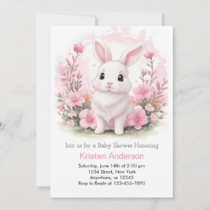Cute Bunny Wildflowers Pink Girl Baby Shower Invitation