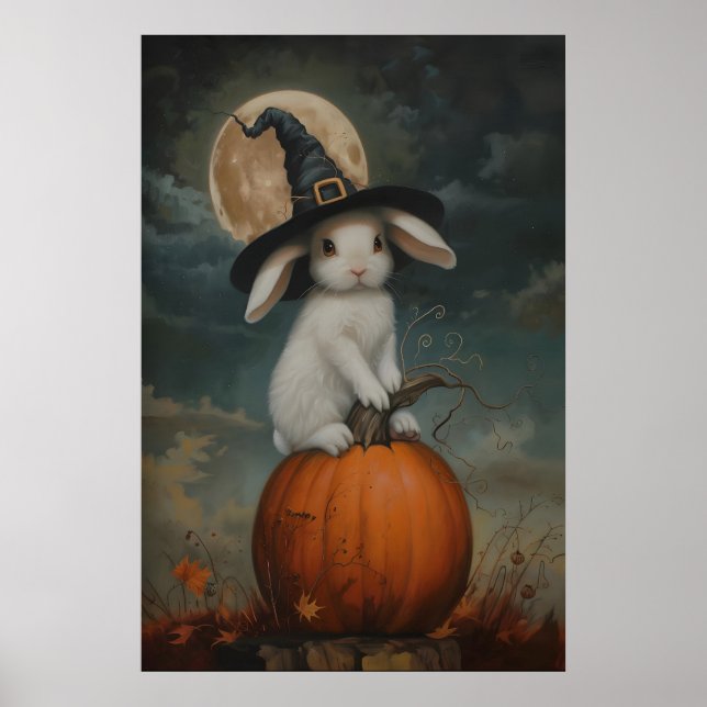 Cute Bunny Witch on Pumpkin Art Printable, Hallowe Poster (Front)