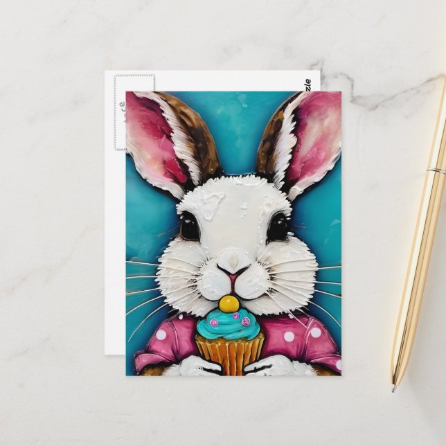 Cute Bunny with a Cupcake Postcard (Front/Back In Situ)