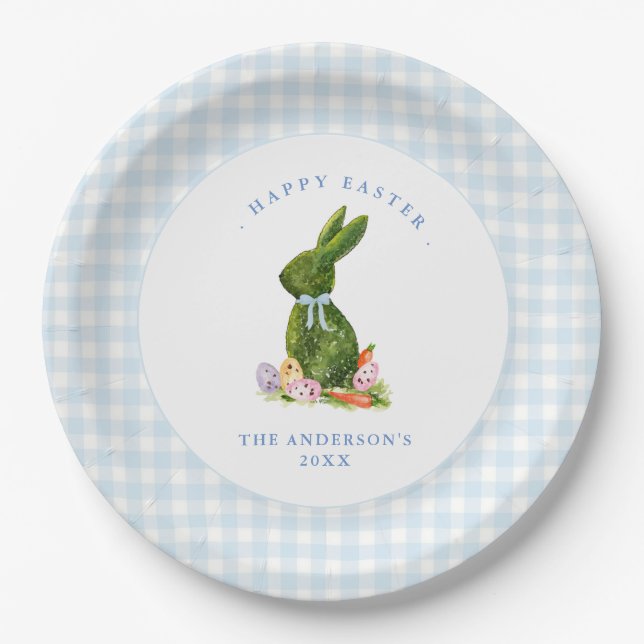 Cute Bunny with Blue Gingham border Easter brunch Paper Plate (Front)
