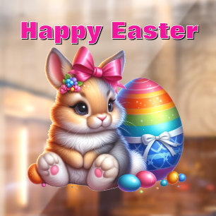 Cute Bunny with Bow and Colourful Easter Eggs