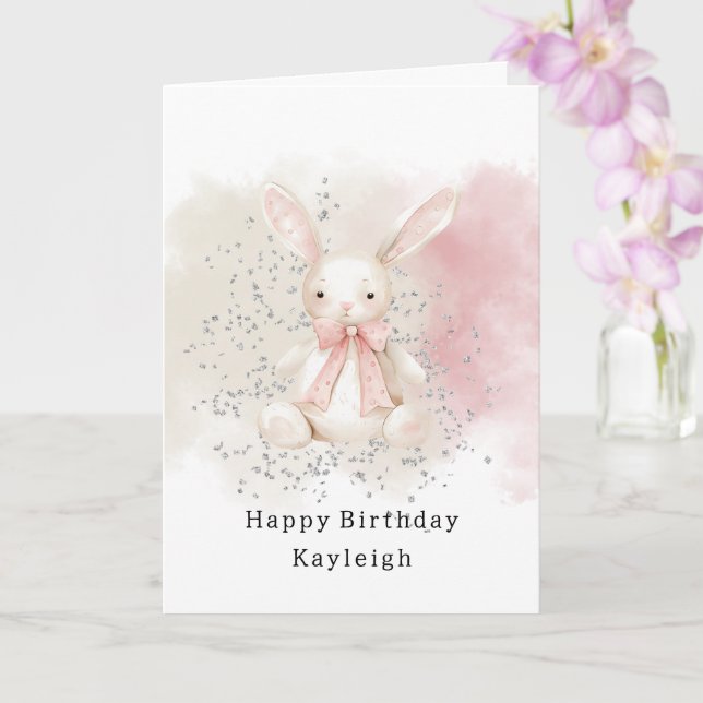 Cute Bunny with Bow Birthday Card (Orchid)