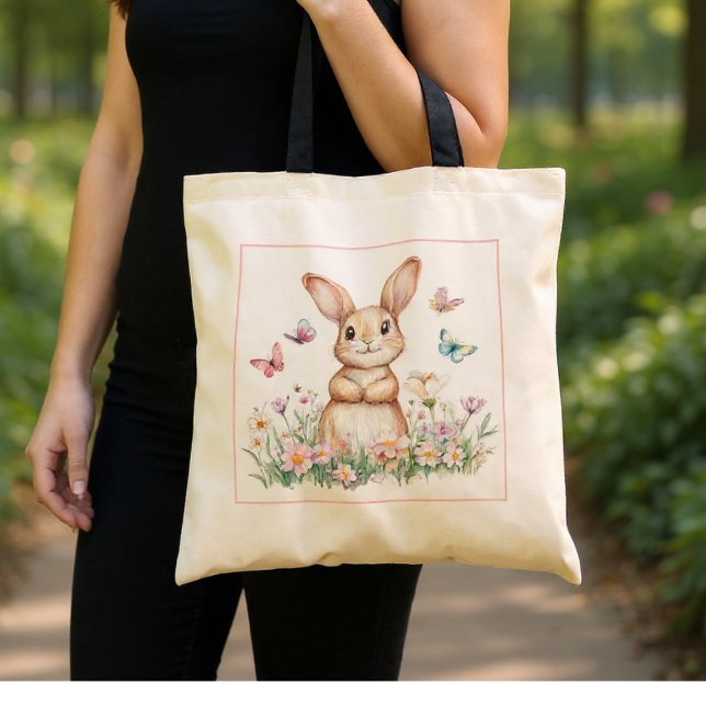 Cute Bunny with Butterflies and Spring Flowers  Tote Bag (Creator Uploaded)