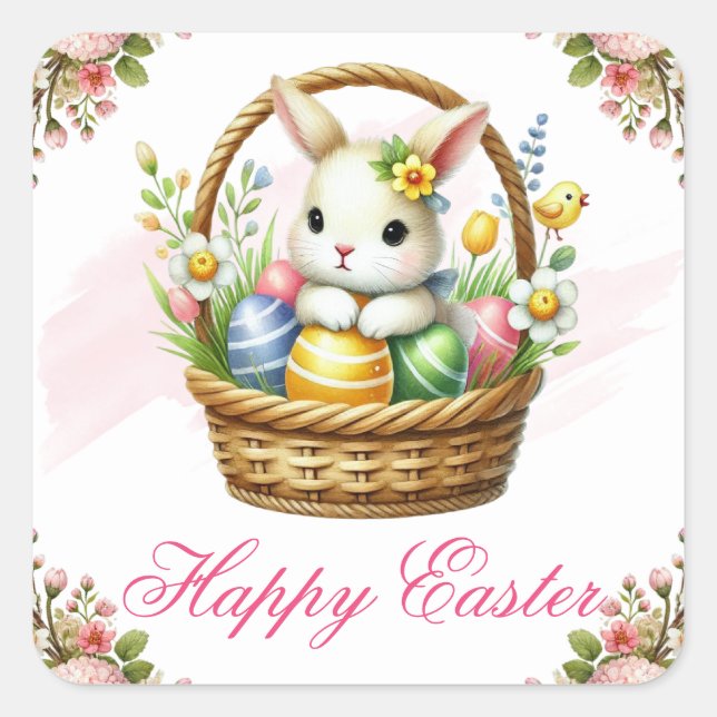 Cute Bunny with Colourful Eggs Happy Easter Square Sticker (Front)