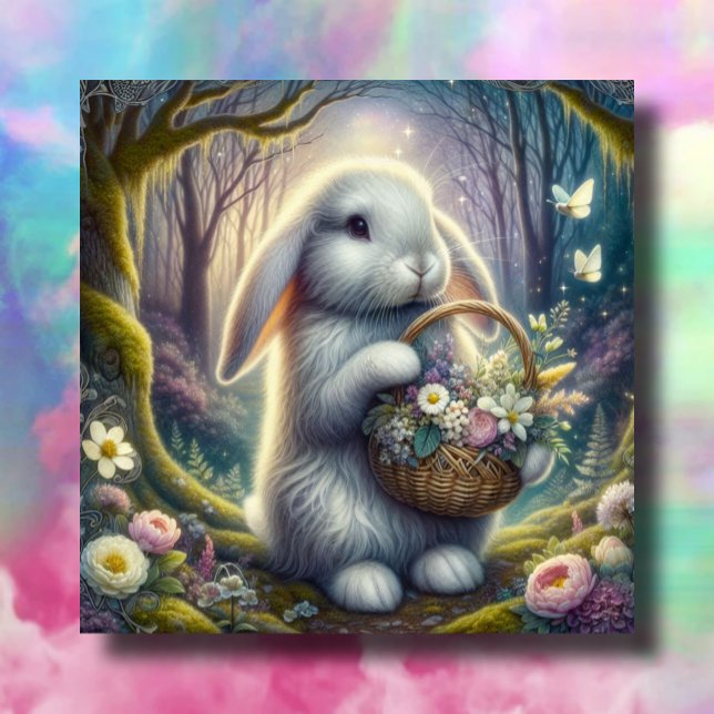 Cute Bunny With Floral Easter Basket Holiday Card (Creator Uploaded)