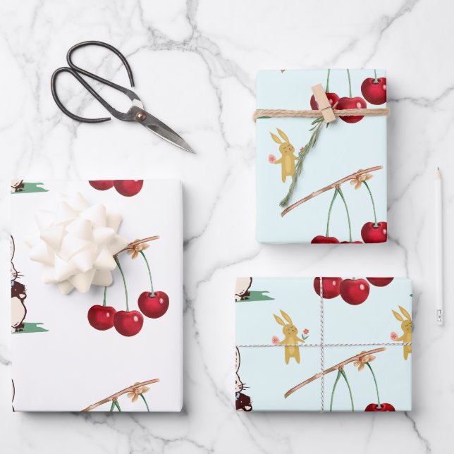 Cute Bunny with flowers and Cherries Wrapping Paper Sheet (Front)
