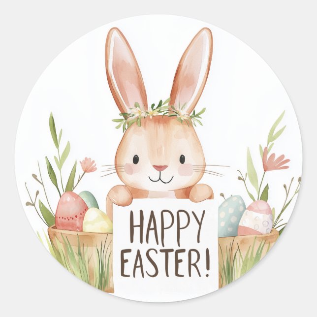 cute bunny with flowers and eggs  classic round sticker (Front)