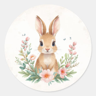 Cute Bunny with Flowers Round Sticker Pink Sprin