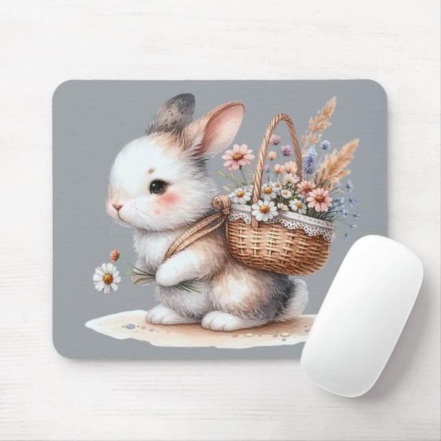 Cute Bunny with Flowers Watercolor Art Mouse Pad (With Mouse)