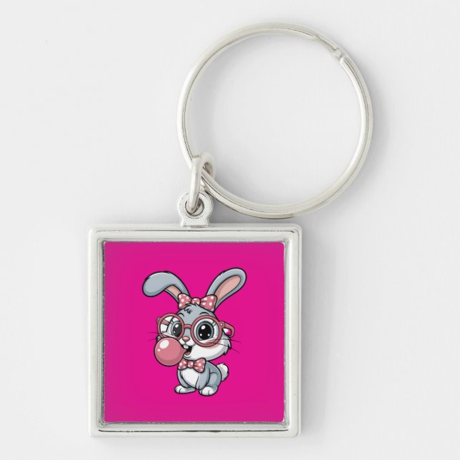 Cute Bunny with Glasses Blowing Bubble Gum Key Ring (Front)
