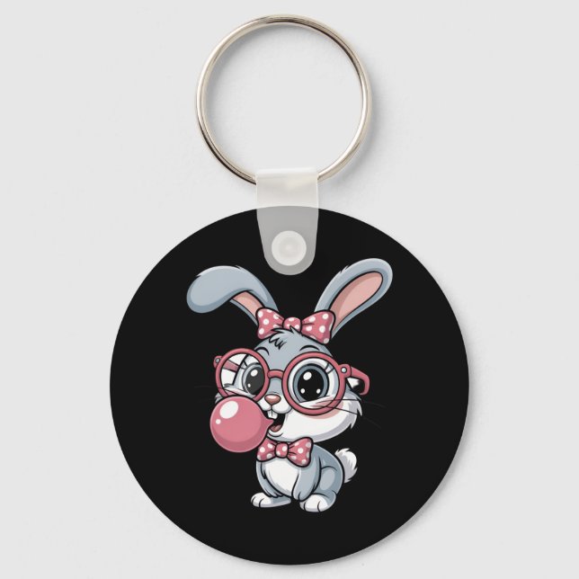Cute Bunny with Glasses Blowing Bubble Gum Key Ring (Front)