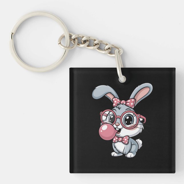 Cute Bunny with Glasses Blowing Bubble Gum Key Ring (Front)