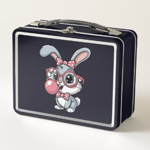 Cute Bunny with Glasses Blowing Bubble Gum Metal Lunch Box