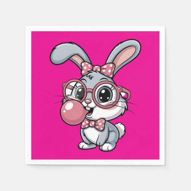 Cute Bunny with Glasses Blowing Bubble Gum Napkin (Front)