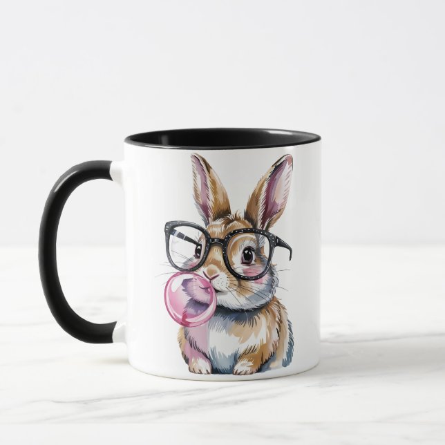 Cute Bunny with Glasses & Bubblegum Funny Rabbit  Mug (Left)