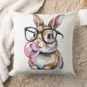Cute Bunny with Glasses & Bubblegum Rabbit Design Cushion