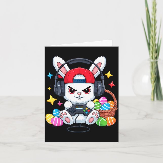 Cute bunny with headphones gaming easter  card (Front)