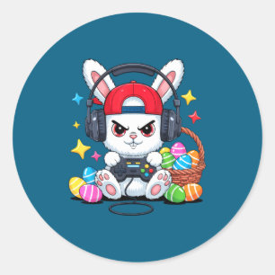 Cute bunny with headphones gaming easter  classic round sticker
