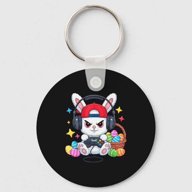 Cute bunny with headphones gaming easter  key ring (Front)