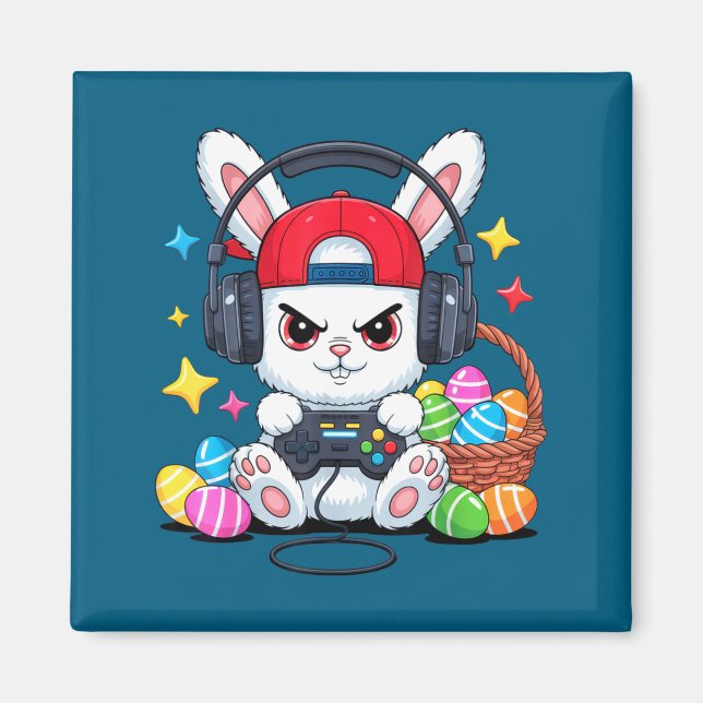 Cute bunny with headphones gaming easter  magnet (Front)