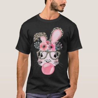 Cute Bunny With Leopard Glasses Bubblegum Easter D T-Shirt
