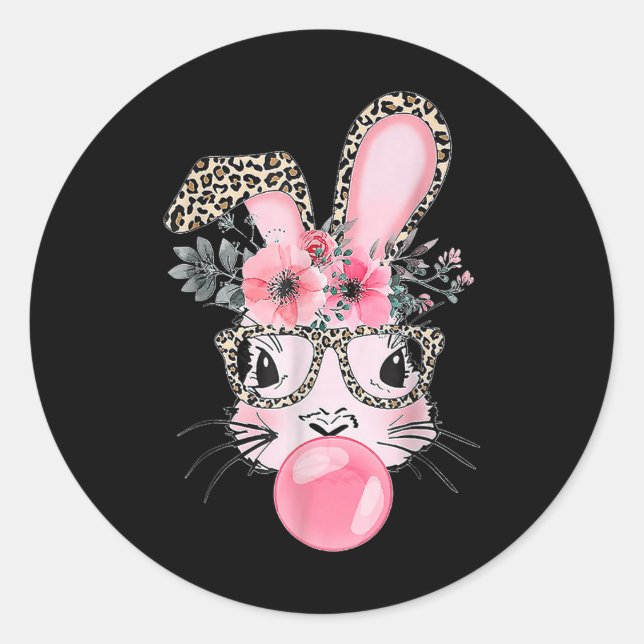 Cute Bunny With Leopard Gles Bubblegum Easter Day  Classic Round Sticker (Front)