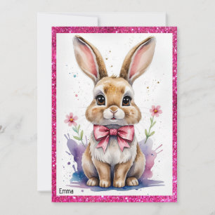 Cute bunny with pink bow birthday invitation