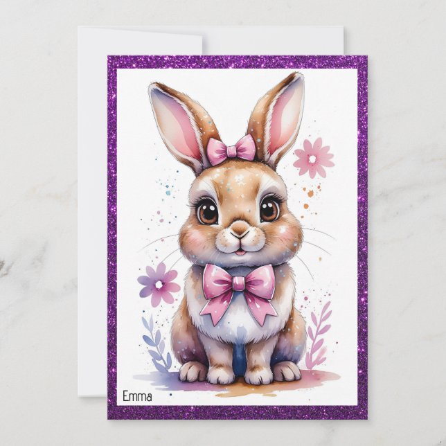Cute bunny with pink bow birthday invitation (Front)