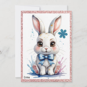 Cute bunny with pink bow birthday invitation