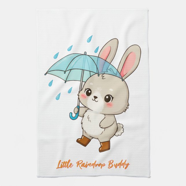 Cute Bunny with Umbrella Kawaii Tea Towel (Vertical)