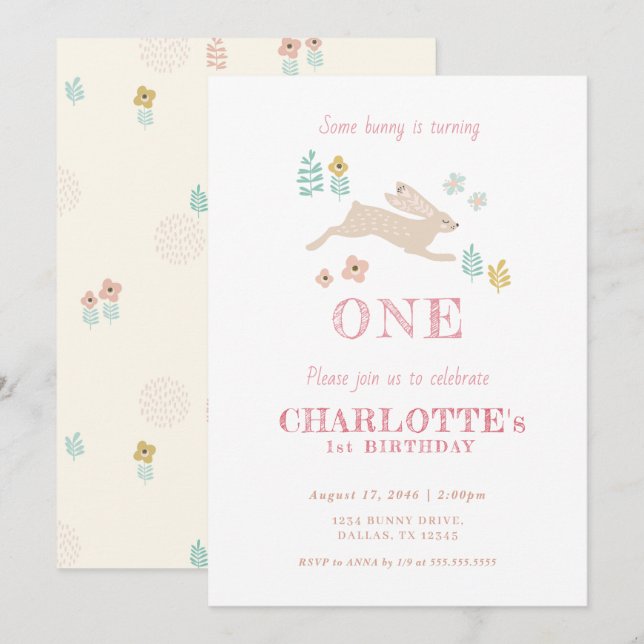 Cute Bunny Yellow Floral Kid Girl First Birthday  Invitation (Front/Back)